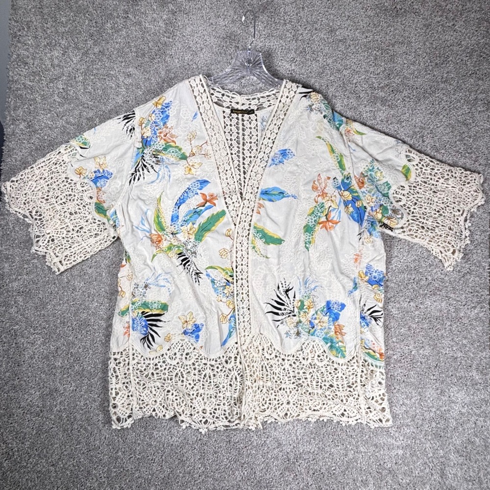 Spiaggia Dolce Womens M Kimono Cardigan Floral Print‎ Crochet Lace Trim White